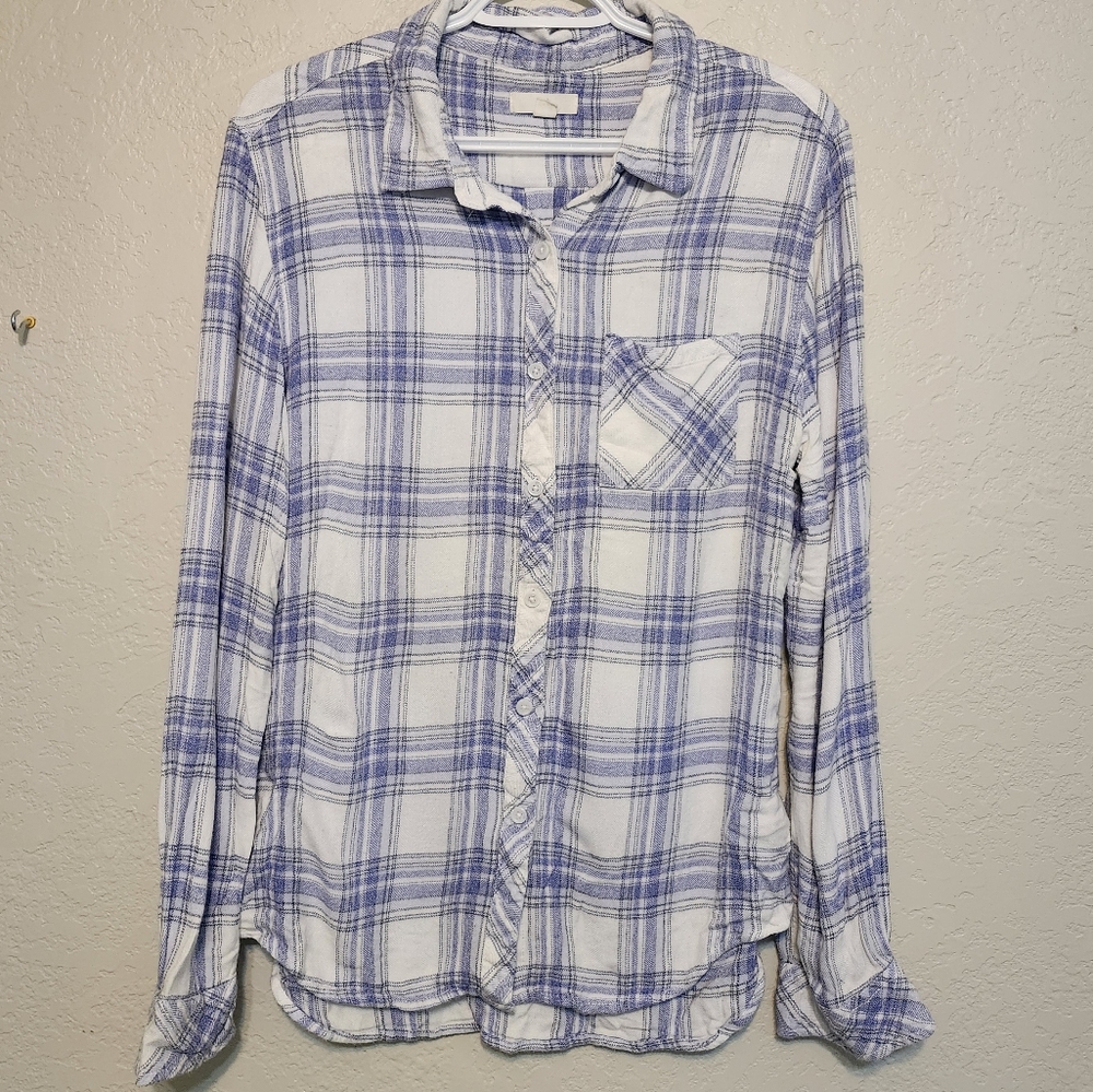 BLL NEW YORK Blue and White Plaid Button Down Long Sleeve Soft Size Large